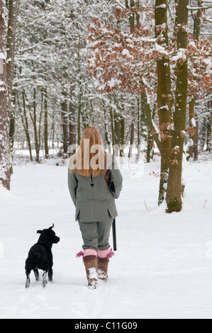 Avec des armes à feu femelle labrador sur une tige de neige Banque D'Images