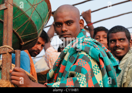 Pèlerins hindous avec la batterie sur le chemin du retour de la fête de Thaipusam , Palani, Tamilnadu, Inde du Sud, Inde, Asie du Sud Banque D'Images