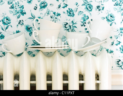 Tasses de Thé sur le radiateur avec le fond fleuri bleu Banque D'Images