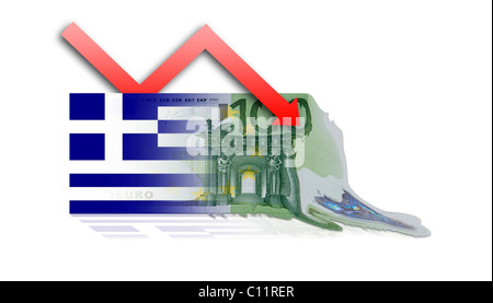 Drapeau grec avec des billets en euros de fusion, image symbolique de la perte de valeur de l'euro par la Grèce Banque D'Images