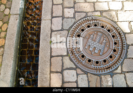 Couvercle avec blason et Freiburg Freiburger Baechle Brook, Freiburg, Bade-Wurtemberg, Allemagne, Europe Banque D'Images