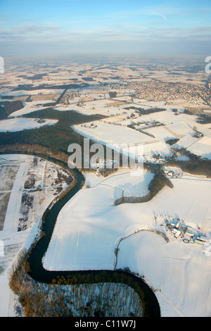 Vue aérienne, de la neige, de la rivière Lippe, Lehmhegge, Olfen, région de la Ruhr, Nordrhein-Westfalen, Germany, Europe Banque D'Images