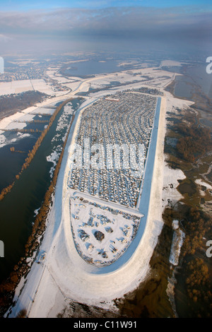 Vue aérienne, terrain de camping, camping d'hiver, l'île Grav-Insel chartreux, Wesel, Rhénanie du Nord-Westphalie, Allemagne, Europe Banque D'Images