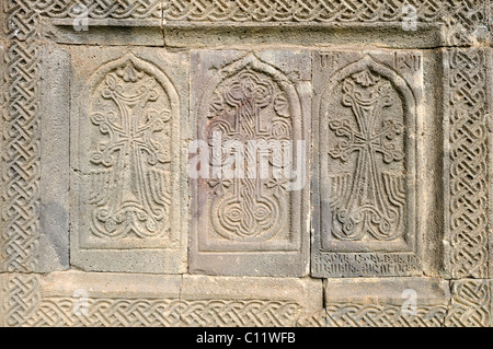 Contre-traditionnel arménien khatchkar, pierre, au monastère de Tatev près de Goris, Arménie, Asie Banque D'Images