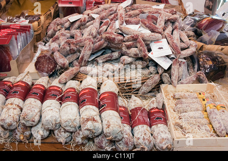 Salami de sanglier dans une crèche, Norcineria Falorni, Greve, Chianti, Toscane, Italie, Europe Banque D'Images