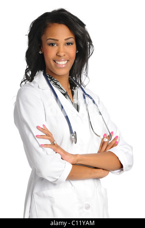 African American Female doctor smiling nurse ou isolé sur fond blanc Banque D'Images