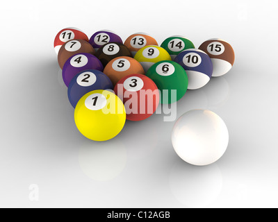 Jeu de boules de billard close up on white background Banque D'Images