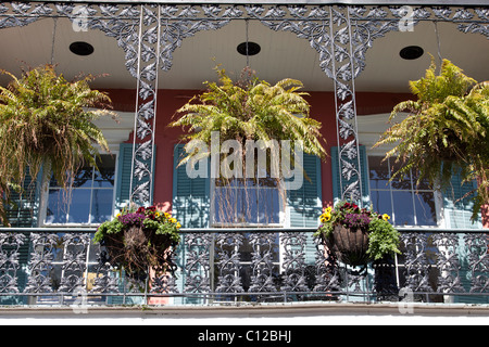 La pendaison des jardinières et les jardinières suspendues du balcon en fer forgé ornée dans le quartier français de La Nouvelle-Orléans, Louisiane Banque D'Images