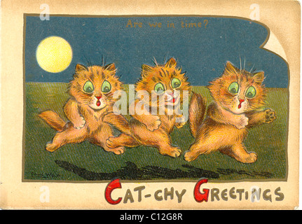 Carte de voeux de l'artiste Louis Wain intitulée Cat-chy Greetings circa 1895 Banque D'Images