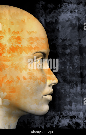 Profil des femmes et de l'abrégé motif floral. 3d illustration. Banque D'Images