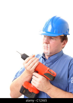 Construction Worker wearing casque bleu foret en changeant l'agrile du frêne blanc sans fil plus Banque D'Images