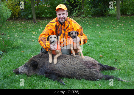 Hunter, avec deux Westpahlen terriers et les sangliers, Basse-Saxe, Allemagne Banque D'Images