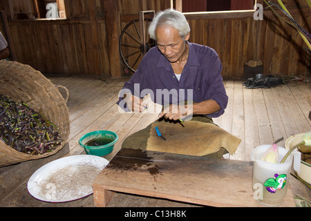 L'homme de l'extraction à partir de filaments textiles fleur de lotus, Paw Khone village, lac Inle, Birmanie Myanmar Banque D'Images