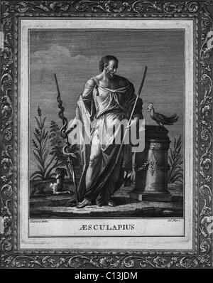 Esculape, le dieu grec de la médecine avec le port de Grecian robes, et tenant un serpent enroulé avec du personnel. Homère mentionne qu'un Banque D'Images