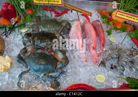 Affichage du poisson frais sur la glace à l'extérieur d'un restaurant à Ubud, Bali, Indonésie Banque D'Images