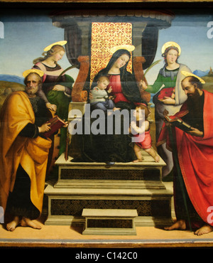 Détail : La Madone et lEnfant ont intronisé avec les Saints, ca 1504, retable de Raphael Banque D'Images