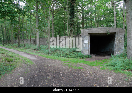 La sortie de l'un des trois 'ski' bâtiments de stockage en forme de V1 sur le site de lancement, le bois des Huit-Rues près d'Hazebrouck, France. Banque D'Images