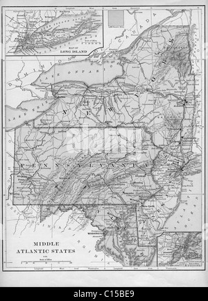 Ancienne carte des états Mid-Atlantic manuel de géographie à partir de l'original, 1884 Banque D'Images