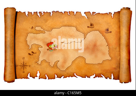 Pirate's Treasure map sur un vieux parchemin Banque D'Images