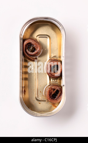 Boîte de filets d'anchois roulés à l'huile d'olive Banque D'Images