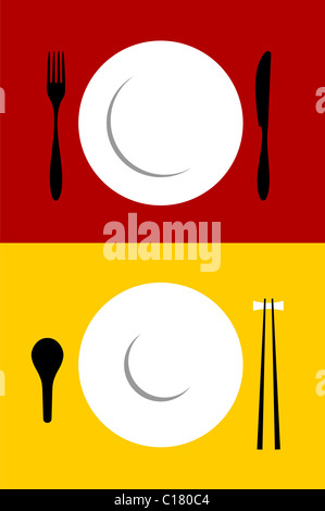 Place de l'établissement alimentaire occidental et oriental. Fourchette, couteau, assiette, cuillère et baguettes sur fond jaune et rouge. Vector disponible Banque D'Images