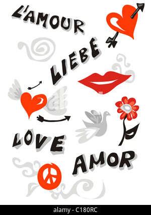 Mot amour écrit en différentes langues et plusieurs icônes mignonnes. Vector disponibles. Banque D'Images
