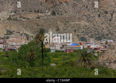 Maisons derrière les terres agricoles dans la vallée de Ricote, ou Vallée de Ricote, Ojos, Région de Murcie, Espagne, Europe Banque D'Images