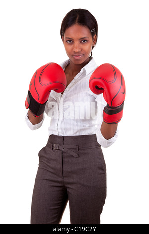 Young African American Woman wearing boxing gloves Banque D'Images