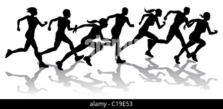 Silhouette d'un groupe de coureurs course avec des réflexions Banque D'Images