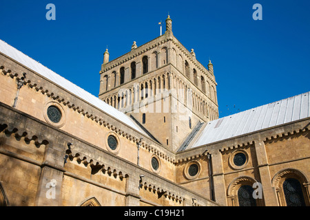 Southwell Minster dans Nottinghamshire transept central tower avec cocarde et voûtée romane vitraux Banque D'Images