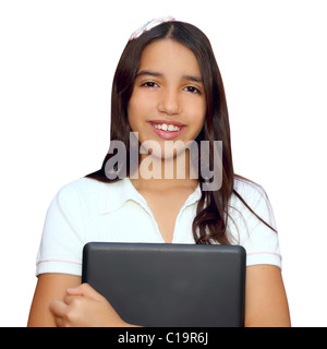 Teen brunette latine indien étudiant holding laptop isolated on white Banque D'Images