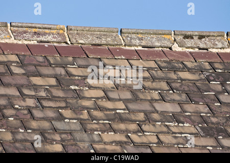 Ridge des tuiles sur un toit de l'église montrant les dégâts de gel au mortier. Banque D'Images