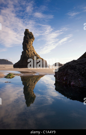 Scenic "Thor's Hammer" Haystack rock et les nuages reflètent dans bassin de marée sur Bandon Beach Oregon-NOUS Banque D'Images
