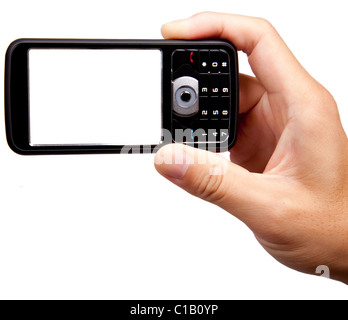 Hand holding mobile phone caméra isolé sur fond blanc Banque D'Images