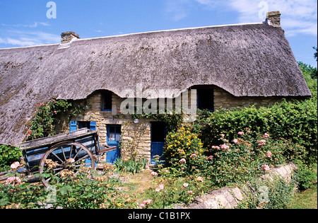 France, Loire Atlantique, le Parc Naturel Régional de Brière, un cottage au toit de chaume dans le village de Kerhinet Banque D'Images