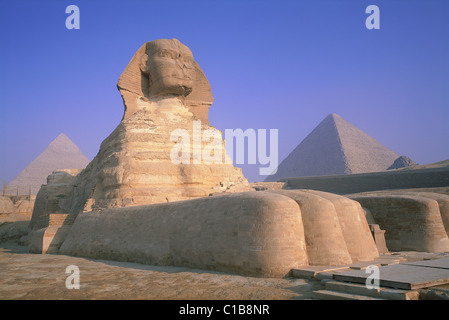 Egypte, Le Caire, Gizeh, Sphinx devant les pyramides Banque D'Images