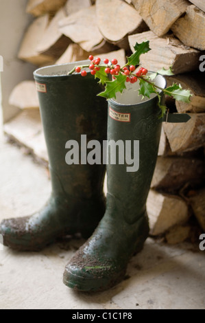 Branche de houx en équilibre sur une paire de bottes Hunter par pile de bois Banque D'Images