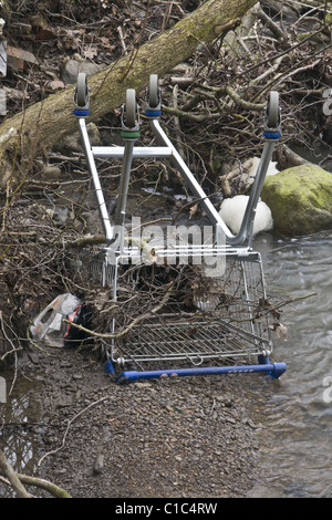 Chariot de supermarché volés dans un ruisseau sous-évaluées dans le Yorkshire du Nord. Banque D'Images