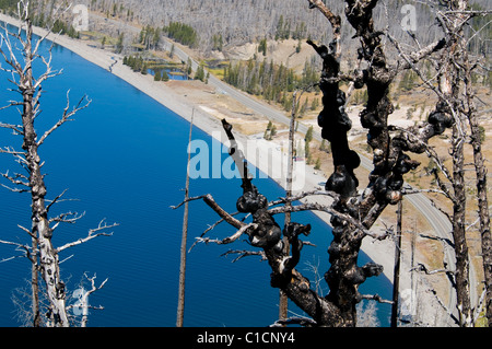 Lac Yellowstone,sortie,Butte sur chaîne Teton Mountains,Dot Island, Steamboat Point, baie de Carex,le parc de Yellowstone, Wyoming, USA Banque D'Images