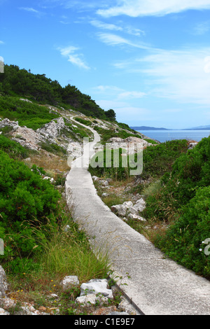 Allée pavée serpentant à travers le paysage méditerranéen rocheux près de la mer, île de Losinj, Croatie Banque D'Images