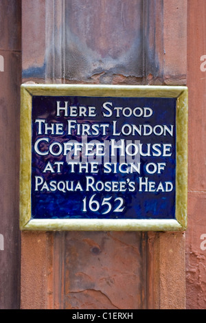 Ville de London plaque pour premier Coffee House où les affaires traitées au signe de tête de rosée Pasqua 1652 Banque D'Images