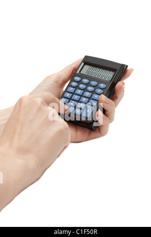 Calculatrice en main féminine isolée sur fond blanc Banque D'Images