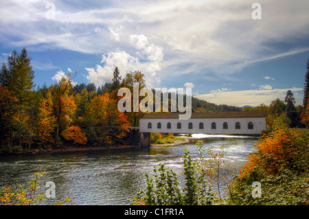 Pont couvert sur la rivière McKenzie Oregon à l'automne Banque D'Images