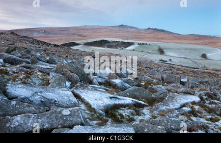 Oui Tor et de l'Haute Willhays rochers de granit dépoli de Belstone Tor, Dartmoor National Park, Devon, Angleterre. Banque D'Images