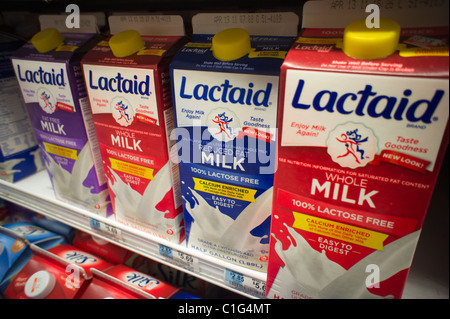 Les contenants de lait LACTAID pour l'intolérance au lactose dans un supermarché réfrigérateur à New York Banque D'Images