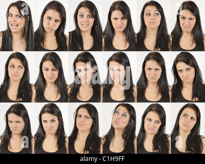 Série de portraits d'une tête en colère et demande jeune femme naturelle Banque D'Images