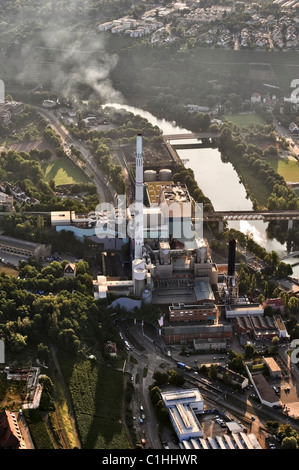 Neckar l'incinération des déchets et d'électricité EnBW, vue d'hélicoptère, Müllverbrennungsanlage, Stuttgart, Germany, Europe Banque D'Images