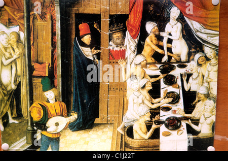 Belgique, Flandre occidentale, Bruges (Brugge), peinture représentant une maison close de la ville au Moyen-Âge Banque D'Images