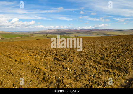 Voir à travers un champ labouré vers la Cuckmere Valley et South Downs sur la côte sud de l'UK Banque D'Images