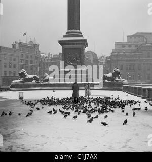 Trafalgar Square, Londres, années 1950, hiver et sur un sol couvert de neige, un couple nourrit les pigeons de la colonne de Nelson. Banque D'Images